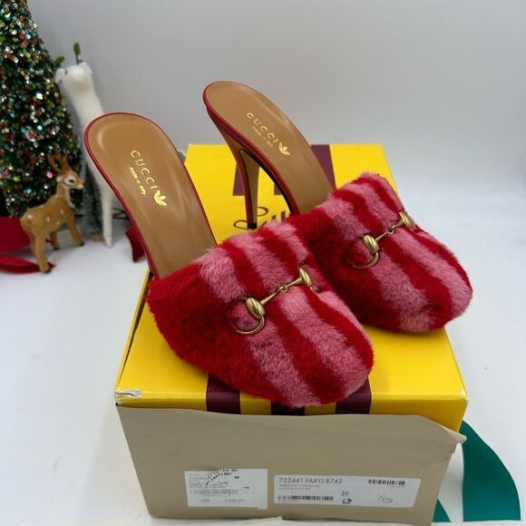 Women’s Gucci X Adidas, shearling pink/red mules size 39￼made in Italy - Picture 1 of 9